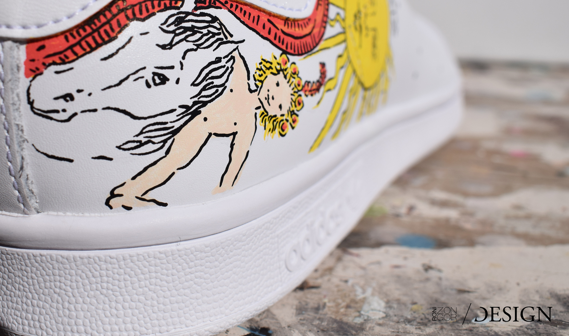 Roni Zongor DESIGN, egyedi kézzel festett Adidas sportcipő, egyedi grafika